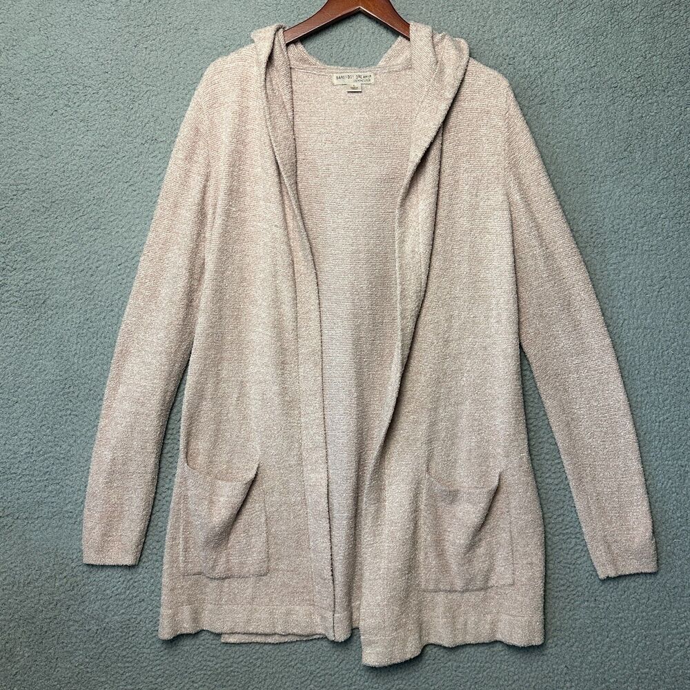 Barefoot Dreams Sweater Large Cardigan Pink Hood Long Line Open Front Cozy Chic